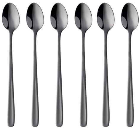 SBOMHS Cucharas para latte macchiato 18/10 de acero inoxidable, de mango largo, para café y capuchino, cucharas de postre, 20 cm, para Nutella, café con leche, 6 cucharas grandes de yogur (negro)