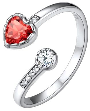 Silvora Funkeln Zirkonia Fingerring 2mm breit Damen Silberringe 925 Silber Offener Verstellbarer Rubin Ring Herz Geburtsstein Bandring Ringgröße 52 (16.5)-62 (20)