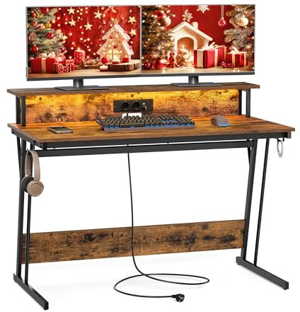 VASAGLE Scrivania da Gaming con Luci LED e Prese di Corrente, Scrivania da Computer, Supporto per Monitor, Tavolo per 2 Monitor, Ufficio, Camera da Letto, 60 x 120 x 76 cm, Marrone Vintage LWD192K01