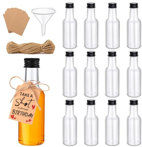 HIMOMO Piccole bottiglie da riempire, 12 pezzi di mini bottiglie da 250 ml con tappo, bottiglie in plastica per liquori, inclusi 15 metri di corda di iuta, 40 etichette e un imbuto