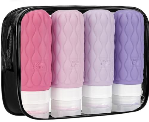 Lericttor Contenitori Viaggio Liquidi 100 ml, 4 Pezzi Bottiglie da Viaggio Aereo in Silicone, Set di Flaconi da Viaggio con Borsa da Toilette, Boccette da Viaggio per Shampoo, Lozione, Cosmetici