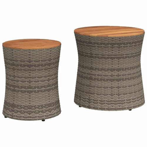 vidaXL Garten Beistelltisch 2 STK., Tisch mit Holzplatte, Gartentisch mit Stahlgestell, Terrassentisch Gartenmöbel Gartengarnitur, Grau Poly Rattan