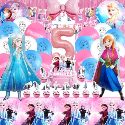 Elsa Geburtstagsparty 5 Jahre, Froze 5 Jahre Geburtstag Party Set, Ballon Geburtstagsdeko Mädchen, Froze 5 Jahre Party Deko Kindergeburtstag, Eiskönigin Anna und Elsa Geburtstag Deko Luftballons