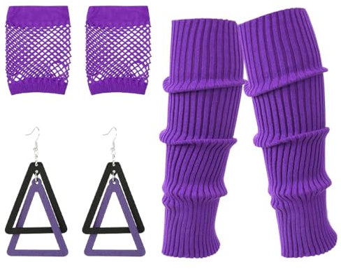 KSJEHW 3 Pcs Fischnetz Handschuhe, Frauen-Ohrringe, Elastische Neon Beinstulpen und Netzhandschuhe Set 80er Jahre Kostüm Zubehör