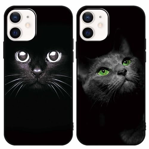 Yomjew 2 Pack Cute Black Cat Animals Phone Case for iPhone 12 Mini 5.4 inches, Aesthetic Cool Silicone Anti-Scratch Soft Slim Flexible Protective Shockproof TPU Phone Cover for Women Girls Men