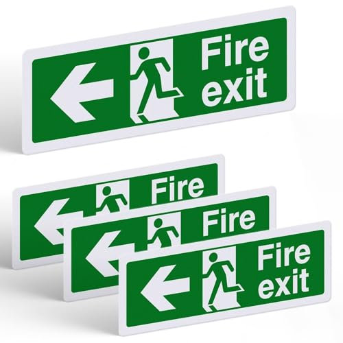 Lot de 4 panneaux de sortie de secours avec flèche gauche – Paysage – 300 mm x 100 mm – Autocollant en PVC avec dos autocollant
