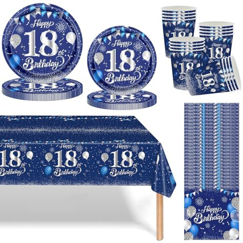 Navy Blue 18th Birthday Party Tableware Set, 69pcs Dinnerware with Plates, Cups, Napkins and Tablecloth for Boys and Girls 18th Birthday Parties