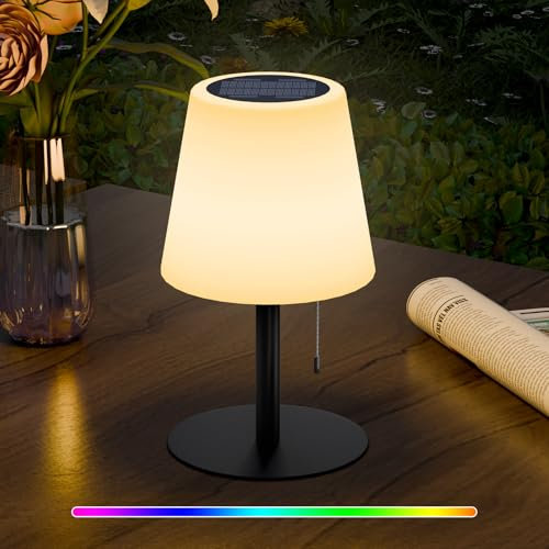 Postlucky Solar Tischlampe Outdoor Dimmbar Warmweiß und RGB Solar Tischleuchte LED Tischlampe Kabellos USB Aufladbar Akku Tischlampe IP44 für Camping Garten Außen (Schwarz)
