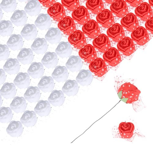 sourcing map Lot de 144 roses artificielles rouges et blanches avec dentelle pour décoration de mariage, arrangements floraux, mariage, Saint-Valentin
