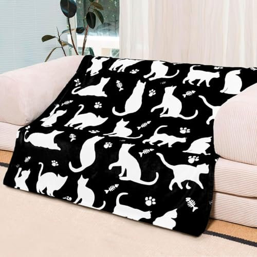 YISUMEI Coperta con gatti neri, morbida e accogliente, in flanella, per gli amanti degli animali domestici, decorazione per divano e letto (150 x 200 cm)