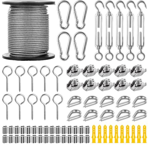 LDXDRU 2mm Wire Rope Kit, 30m / 100ft Garden Wire for Climbing Plants, Stainless Steel Wire Cable with M5 Turnbuckle Wire Tensioner Kit, Metal Wire Picture Hanging Wire - 7x7 Strand Core