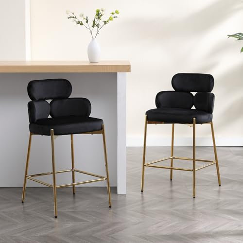 Wahson Chaise de Bar en Velours Tabouret de Bar Moderne Pied Doré, Chaise Bar Lot de 2 Repose-Pied Tabouret Cuisine Assise 66cm Chaise Haute Cuisine pour Ilot Central, Noir