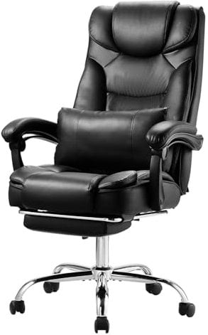 VEVOR Chaise de Bureau avec Repose-Pieds, Fauteuil de Direction Ergonomique avec Coussin Lombaire, Siège de Bureau en Cuir PU, Charge Max.136,08 kg, Hauteur Réglable, Inclinable, pour Bureau Maison