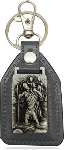 Porte-clés Christophe en bande de cuir, saint patron des conducteurs et des voyageurs - Plaque de saint Christophe comme talisman automobile