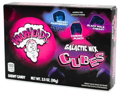War-heads Galactic Mix Cubes – Extrem saure Kaubonbon-Würfel in 3 galaktischen Geschmacksrichtungen mit blauem Zungen-Effekt, 99 g + Getzh Thank You Sticker