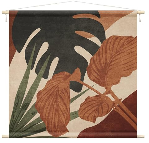 micasia Wandteppich Botanik Stoffbild inkl. Holzstäbe & Seile Wanddeko - Made in Germany - Pflanzen Retro Vintage beige Wohnzimmer Schlafzimmer Wandbehang 1030 (90x90cm)