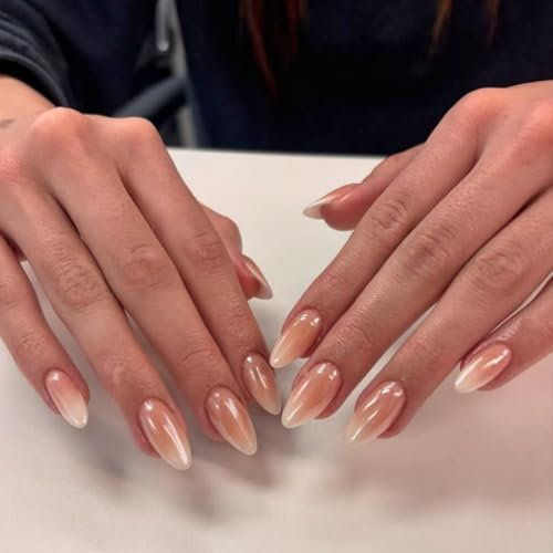 KQueenest Chrome Ombre French Press on Nails Almond Medium, Almond False Nails with Glue, Glazed Spakly Glitter Fake Nails Press ons Stiletto, Reusable Gel Stick on Nail for Women Wedding, 24 Pcs