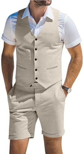 Men's Linen Suit 2 Pieces Short Vests for Men Casual Suit Summer Beach Groomsmen Groomsmen Vest Set