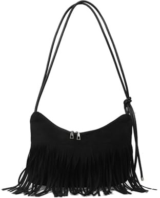 CORIOS Vintage Fransen Handtasche Frauen Schultertasche mit Quasten Damen Wildleder Umhängetasche Weiches Kunstleder Henkeltaschen Retro Tragetasche Elegant Arbeit Shopper Reise Tote Beutel Schwarz