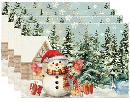 Weihnachten Platzsets 4er Set, Schneemann Tischsets Waschbar Leinen Platzdeckchen, Weihnachten Tischdeko Küche Winter Urlaub Bankett Party Deko 30x45cm