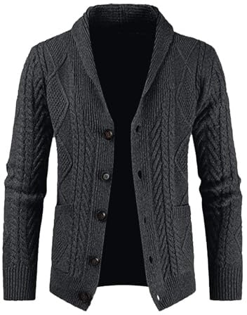 JMIERR Mens Cardigans Classic Casual Long Sleeve Shawl Collar Buttons Down Cable Knit Sweater with Pockets