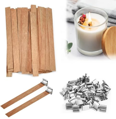 Byfoyif 80 Stück Kerzendocht aus Holz mit 40 Stück Eisenständer, knisternden Holzkerzendochten Rauchfreie Holzdochte Kerzen Machen Holzdocht Verstellbare Dochte für DIY Kerzenherstellung 13 x 130mm