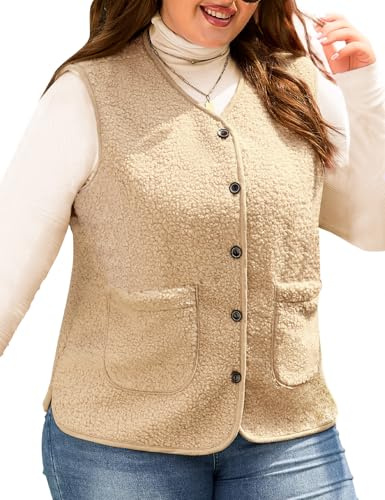 CMTOP Gilet Donna in Pile Teddy Taglie Forti Caldo Leggero Smanicato Gilet Elegante Scollo a V Waistcoat Autunno Invernale Giubbotto Senza Maniche con Bottoni e Tasche