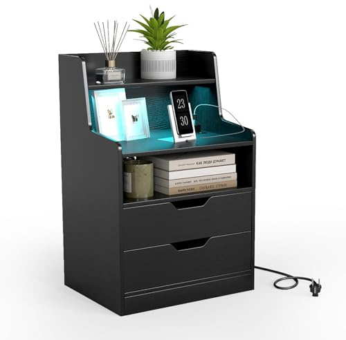COSTWAY Nachttisch mit LED-Lichtern und Ladestation, Beistelltisch mit 2 Schubladen, offenen Fächern & Fernbedienung, Sofatisch, Nachtschrank für Boxspringbett, 45 x 35 x 72,5 cm (Schwarz)