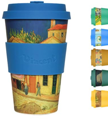 Ecoffee Cup 14oz 400ml Van Gogh Collection Reusable Eco-Friendly 100% Plant Based Coffee Cup with Silicone Lid & Sleeve - Melamine Free Dishwasher/Microwave Safe Travel Mug (Yellow House)