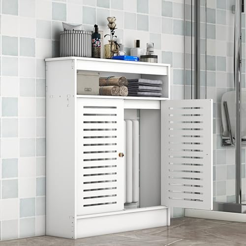 Cache-radiateur blanc avec compartiment de rangement supérieur, étanche et ignifugé, idéal pour les anciens radiateurs. Il dissimule les tuyaux et se monte facilement. 27Lx7.8Wx39H/70x20x100cm