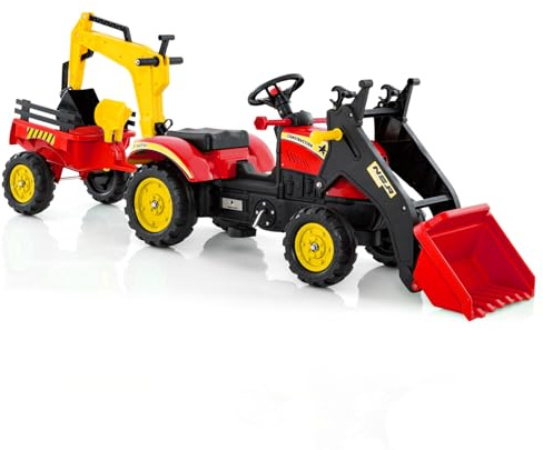 RELAX4LIFE 3 in 1 Ruspa/Trattore/Escavatore Cavalcabile per Bambini, con Pala Rimovibile e Rimorchio, 6 Ruote Robuste e Volante, per Età 3-6 Anni (Portata 35 kg) (ROSSO)
