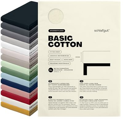 schlafgut Basic Cotton Spannbettlaken 180x200 cm 100% Baumwolle, Off-White | Bettlaken, Spannbetttuch 200x200 cm, Weiß, Jersey, bis 22 cm Steg, Made in Green, atmungsaktiv