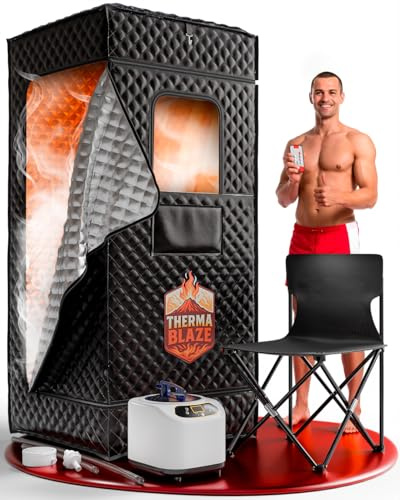 THERMA BLAZE - Sauna für zu Hause 1200 W – Dampfgenerator 3 l und 9 Stufen – Fernbedienung – Dampfsauna für zuhause zusammenklappbar - 180 x 80 x 80 cm -Tragbare Sauna mit Stuhl, Teppich und Handtuch.