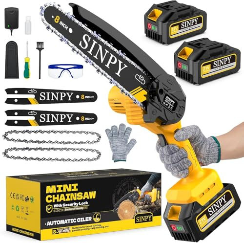 SINPY 8 Mini Motosega a Batteria per Potatura, 2x4000mah, 880w sega elettrica con Pompetta Olio e Blocco di Sicurezza, Motosega Elettrica Portatile per il Taglio del Legno Giardini