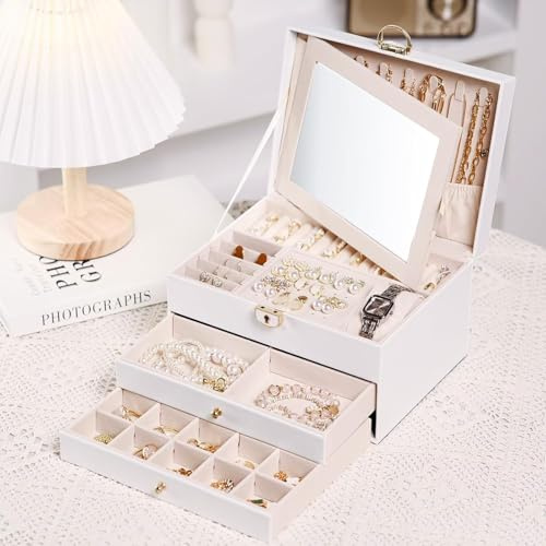 Schmuckkästchen für Damen, Schmuckkasten 2 Schubladen,Schmuckaufbewahrung mit Ausziehbarem,Tablett Schmuck Organizer,Schmuckbox mit Spiegel und Schloss für Halsketten, Ohrringe, Uhren, Armbänder