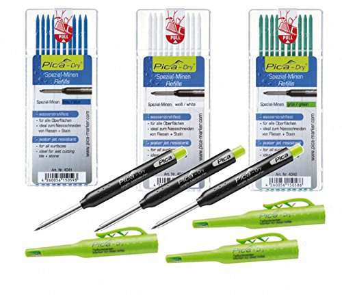 Pica-Dry Longlife Automatic Pen 3x + wasserfeste Ersatzminen-Sets Blau, Grün, Weiß