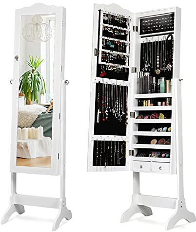 GOPLUS Schmuckschrank mit automatischer LED-Beleuchtung, abschleißbares Schmuckregal, mit Neigungsverstellbarem Spiegel, Viele Staummöglichkeit, stabil und einfache Montage, Geschenkidee (Weiß)