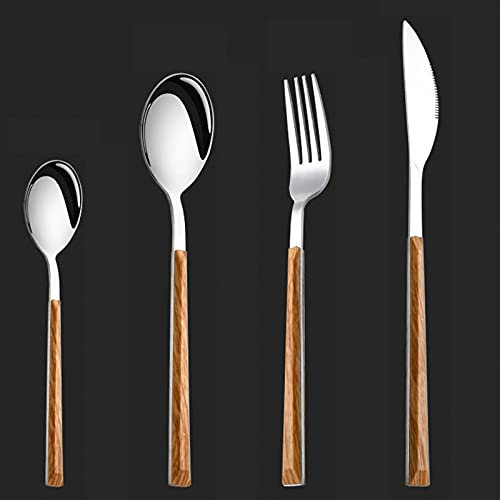 Cubertería de Mesa Para 12 Personas, 48 piezas de Acero Inoxidable, Cubiertos Mango de Madera, Juego de Cuchillos Tenedor Cuchara