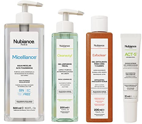 NUBIANCE - Aknebehandlung, weiße Mitesser, schwarze Mitesser - Mischhaut - Fördert den Sebumfluss - Mizellenwasser - Gesichts- und Körperpeeling - Gesichtsreinigungsgel - Korrekturcreme