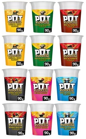 Pot Noodle Variety Pack - 6 Varieties 2 of Each Flavour - Chicken & Mushroom, Original Curry, Beef & Tomato, Chinese Chow Mein, Bombay Bad Boy, Piri-Piri Chicken - Instant & Tasty On The Go Meals