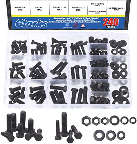 Glarks 240 Stück 1/4-Zoll-20, 5/16-Zoll-18, 3/8-Zoll-16 Grad 8 Sechskantschrauben Muttern Unterlegscheiben Sortiment Kit, schwarze flache Sechskantschrauben Schrauben Muttern Sicherungsscheiben