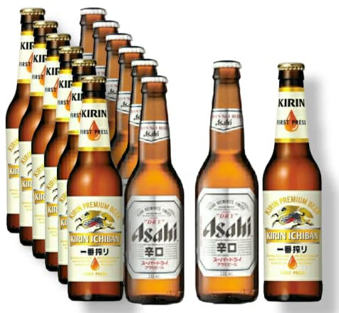 Japan Mix Paket - je 6 Flaschen Asahi Super Dry & 6 Flaschen Kirin Ichiban Bier inklusive Markenbierdeckel Haus der Biere Berlin
