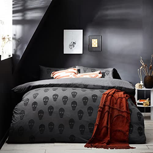 furn. The Linen Yard Skulls Double Duvet Cover Set, Cotton, Charcoal
