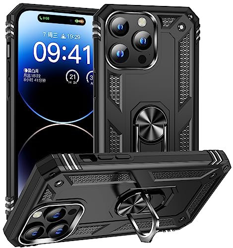 AFARER für iPhone 15 pro hülle mit Ring, Stoßfeste hülle mit 360 Grad Metal Ring Halter und magnetisches Eisenblech, handyhülle iPhone 15 Pro mit ständer, Schwarz