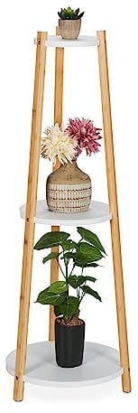 Relaxdays Pflanzenständer, 3 Ablagen, rund, Blumenständer für innen, Bambus, MDF, HxD: 98x35 cm, Blumenregal, weiß/Natur