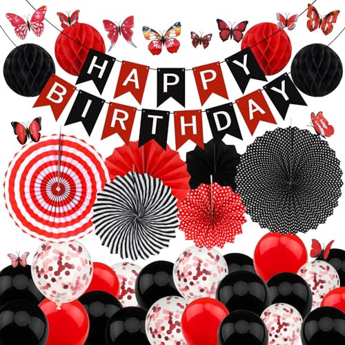 ZERODECO Schwarz Rot Geburtstag Dekorationen, Schmetterling Geburtstag Party Dekorationen Happy Birthday Banner Papier Waben Fans Pompoms Ballon für Mädchen Erwachsene Geburtstag Party Dekorationen