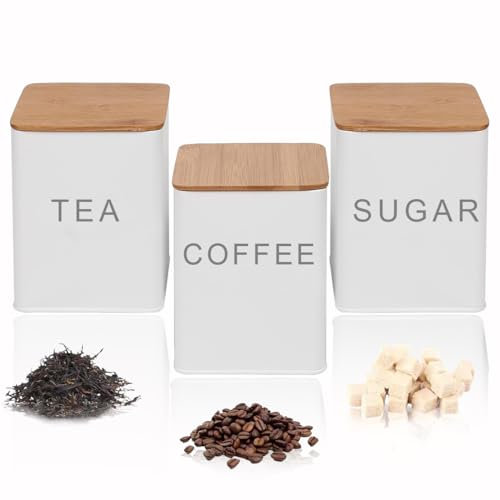 AYSUM Tea Coffee & Sugar Canisters Set of 3, Kitchen Storage Tins Storage Jar Container Set With Airtight Bamboo Lid, White - Square Jars