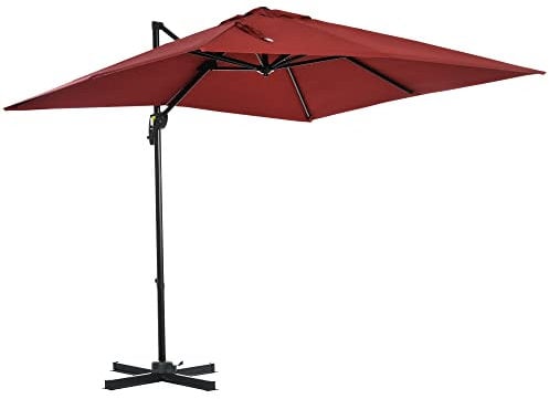 Outsunny Parasol déporté carré manivelle avec pied en acier dim. 2,5L x 2,5l m alu. polyester haute densité rouge