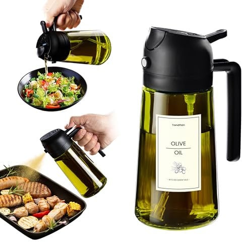 TrendPlain Spray Huile Cuisine 470ml – Vaporisateur Huile Air Fryer 2-en-1 pour Cuisson, Salades, Vinaigre et Accessoire Cuisine avec Stickers, Protection Contre la Lumière - Noir