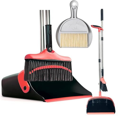 FLOORINGTON Dustpan and Brush Sets Long Broom Long Handled Dustpan & Brush Set Sweeping Brush Household Dust Pan with Soft Brush for Indoor Outdoor Brush Free Mini Dustpan & Brush Set (RED & Black)